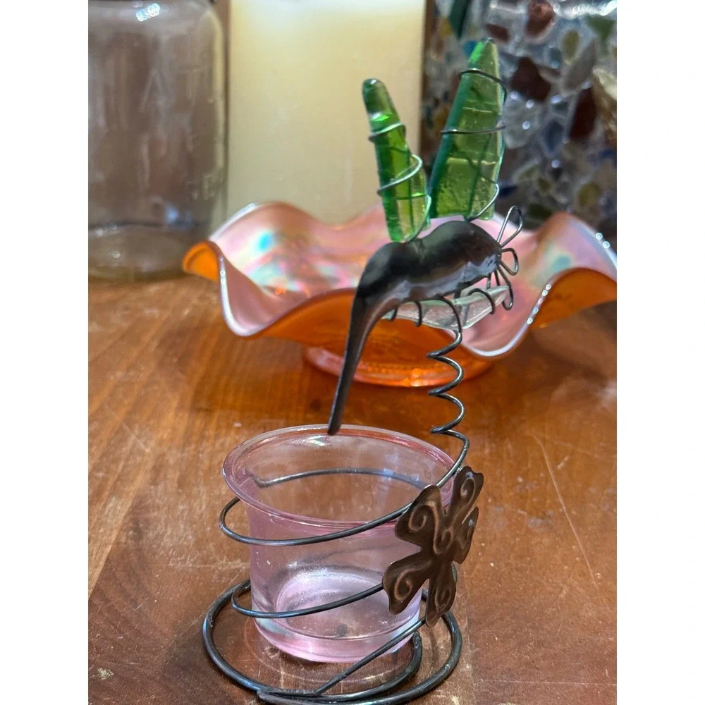 Artisan Hummingbird Votive Light Candle Holder Metal Wire Green Glass Wings